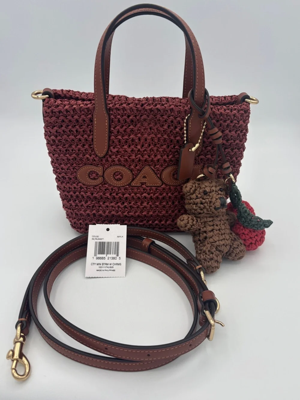 Coach Mini Straw Tote with Charms - Gold/Russet